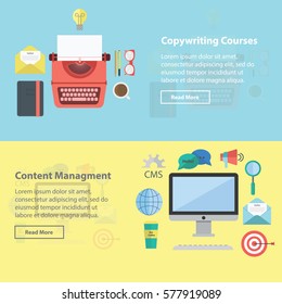 Copy writing and Content management vector banner set. Perfect for advertising in social network. Also can be used for journalistic course or school. 