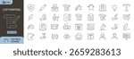 Copy writing icons set. Includes icons for content creation, typewriter, keyboard, idea, writing process, SEO, headline, editing, proofreading, storytelling, and marketing message. Line icons. P