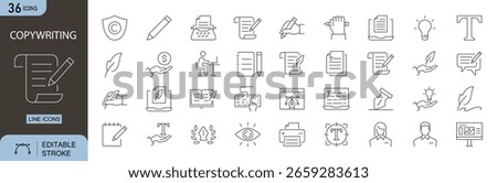 Copy writing icons set. Includes icons for content creation, typewriter, keyboard, idea, writing process, SEO, headline, editing, proofreading, storytelling, and marketing message. Line icons. P