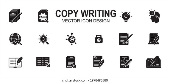 Copy writing and publisher author related vector icon user interface graphic design. Contains such icons as text, write, pencil and paper, copyright, light bulb, quill, book, international,network