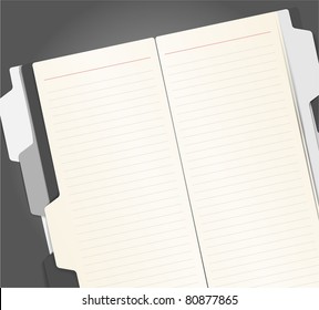 Ein Buch mit schwarz-grauen Lesezeichen auf einem Tisch. Vektorvorlage