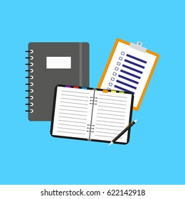 Copybook with colorful bookmarks.  
