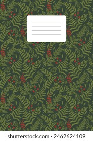 Copybook cover design. Vector botanical layout. Fern fronds all over print. Template for notebooks, planners, brochures, books, catalogs etc. Seamless pattern included in the samples.