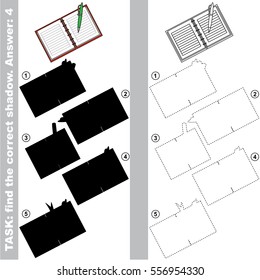 Copybook with different shadows to find the correct one, compare and connect object with it true shadow, the educational kid game with simple level of difficulty.