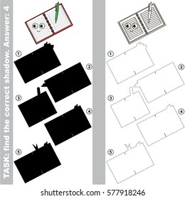 Copybook with different shadows to find the correct one, compare and connect object with it true shadow, the educational kid game with simple gaming level.