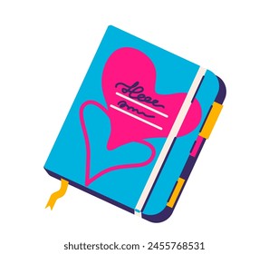 Copybook with elastic band and bookmarks, hearts and text at cover. Vector illustration isolated on white background.