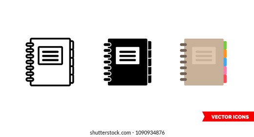 Copybook icon of 3 types: color, black and white, outline. Isolated vector sign symbol.