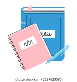 Copybook icon, book and pen. School supplies. Back to school. Vector illustration.