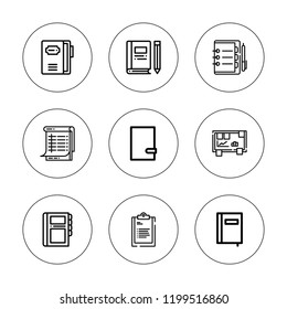 Copybook icon set. collection of 9 outline copybook icons with notebook icons. editable icons.