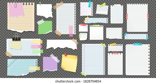 Copybook linear pages lists of notebooks different sizes. Paper banners with notes set attached with sticky colorful tape on grey background isolated realistic vector illustration.