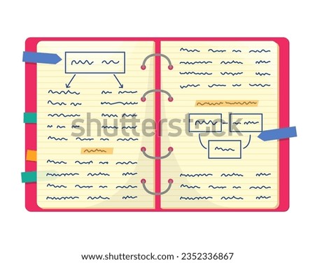 Copybook with metal spiral and sticky notes. Lined pages, notebook. Back to school and education concept. Paper notepad for pupils or students. Abstract, summary, synopsis isolated on white background