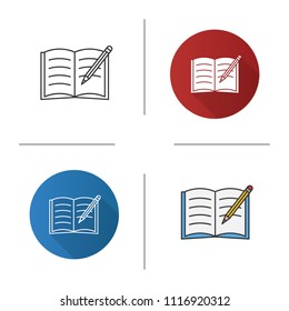 Copybook with pencil icon. Taking notes. Notepad. Flat design, linear and color styles. Isolated vector illustrations