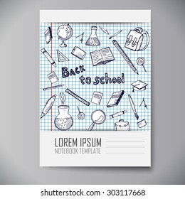 Copybook template. Freehand drawing school items. Back to School. Set of drawings.