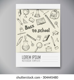 Copybook template. Freehand drawing school items. Back to School. Set of drawings.