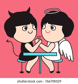 Copycat Girls Fighting In Arm Wrestling For Being A Good Angel Girl Or A Bad Devil Girl Concept Card Character illustration