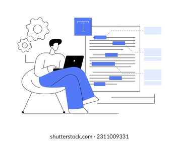 Ilustración del vector de concepto abstracto de edición de copias. Editor profesional trabajando con texto para la fabricación de libros, periódicos, proceso de corrección, revisión de la metáfora abstracta del material escrito.