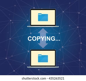 copying document between two laptop with folder and arrow vector graphic illustration