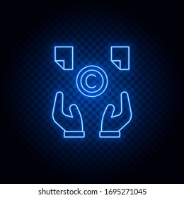 copyright, armas, chat bobina icono del vector neón azul. Icono vector neón azul y amarillo. Fondo transparente