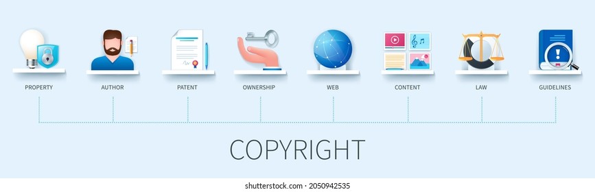 Copyright banner with icons. Property, author, patent, ownership, web, content, law, guidelines icons. Business concept. Web vector infographic in 3D style