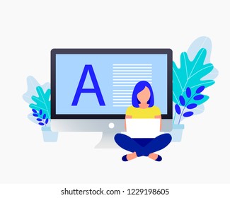 Copyright, blogging flat concept. Young woman write text near a laptop. Trendy flat design. Vector illustration.