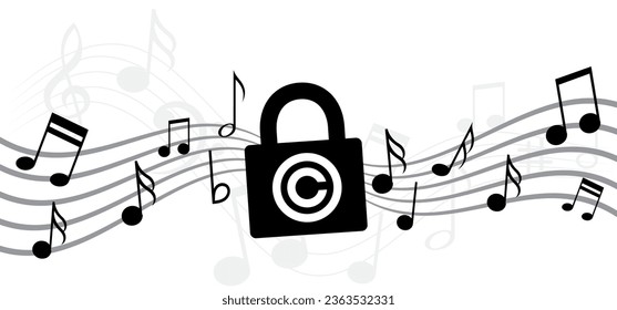 Copyright o carta C. Derecho a la primera publicación. Copiar el símbolo derecho. Nota musical, elemento, patrón de personal. Ola de la llave del vector. Símbolo de sonido. concepto de educación jurídica. Logo de la privacidad del bloqueo de almohadillas.