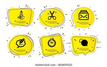 Copyright chat, Crowdfunding and Scissors icons simple set. Yellow speech bubbles with dotwork effect. Mail, Time and Messenger signs. Speech bubble, Start business, Cutting tool. Vector