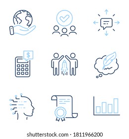 Copyright chat, Report diagram and Artificial intelligence line icons set. Diploma certificate, save planet, group of people. Calculator, Sms and Partnership signs. Vector