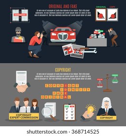 Copyright compliance horizontal banners with expert commission composition and original and fake products icons vector illustration 