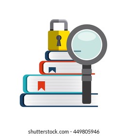 Copyright concept represented by book, lupe and padlock icon. Colorfull and flat illustration. 