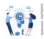 Copyright conflict, authors or business people pull idea bulb with trademark sign. Intellectual property dispute. Copyright protection, prohibition of copying and use of license. vector illustration