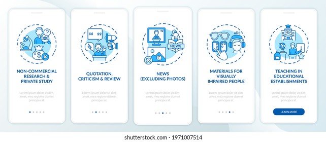 Copyright exceptions onboarding mobile app page screen with concepts. Private research, criticism walkthrough 5 steps graphic instructions. UI, UX, GUI vector template with linear color illustrations