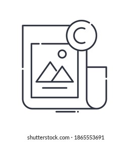 Icono de derechos de autor, ilustración lineal aislada, vector de línea delgada, signo de diseño web, símbolo de concepto de contorno con trazo editable sobre fondo blanco.