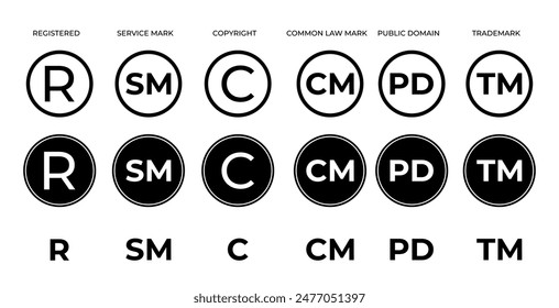 Copyright Icon Registered Icon Trademark icon Service mask Icon. Cm, r, sm, c, tm registration symbol set. Intellectual property.