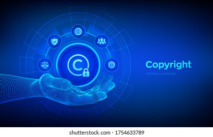 Copyright Icon In Robotic Hand. Patents And Intellectual Property Protection Law And Rights. Protect Business Ideas And Headhunter Concepts. Vector Illustration.
