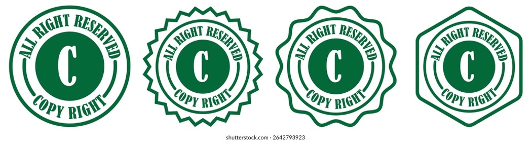 Ícone de direitos autorais definir coleção em fundo branco. Design clássico de ícone de copyright. Todos os direitos reservados carimbo. Etiqueta retroativa para uso legal. Office usa crachá de direitos autorais. Ilustração vetorial