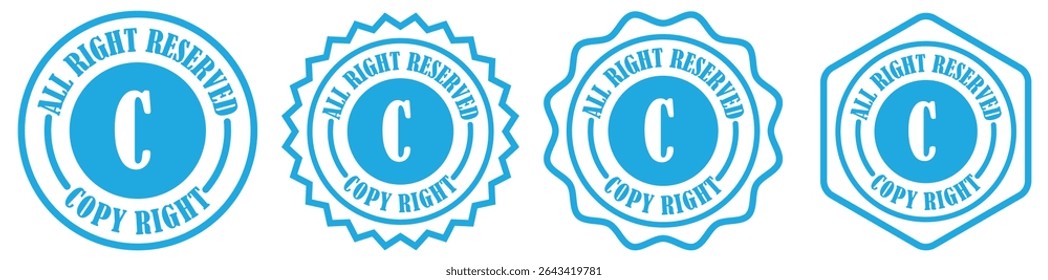 Ícone de direitos autorais definido em estilo diferente no fundo branco. Rótulo de direitos autorais do vetor Starburst. Design clássico de ícone de copyright. Todos os direitos reservados carimbo. Etiqueta retroativa para uso legal. Ilustração vetorial