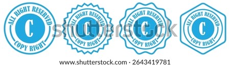 Copyright icon set in different style on white background. Starburst vector copyright label. Classic copyright icon design. All rights reserved stamp. Retro label for legal use. Vector illustration