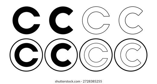 Copyright Icon Set – Filled and Outline Copyright Symbols for Intellectual Property and Legal Protection Vector
