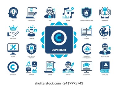 Conjunto de iconos de derechos de autor. Idea, Autor, Patente, Propiedad, Protección de Derechos de Autor, Contenido, Exclusivo, Pautas. Iconos sólidos de color Duotone