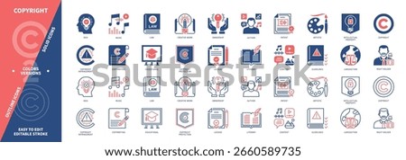 Copyright icon set. Idea, Author, Patent, Ownership, Jurisdiction, Content, Creative Work, Guidelines. Duotone color solid and editable outline icons