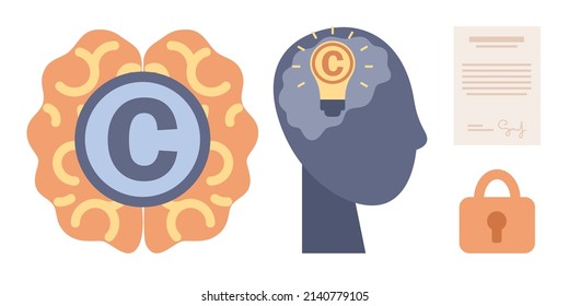 Copyright icon set. Intellectual property symbol. Trading data licenses. Protecting idea's legal information with trademark. Vector flat illustration