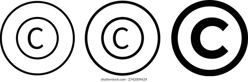 copyright icon set. Intellectual property and ownership symbols. C Symbol trademark icons. Copyright symbol with circle. Official certification and license icons
