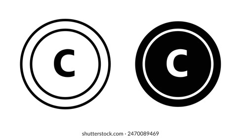 Conjunto de iconos de Derechos de autor. Derechos de autor de Marca comercial C símbolo de Vector reservado. Licencia de producto de negocios C marca de la letra. Derechos de autor de protección legal C Iniciar sesión negro relleno y contorneado estilo.