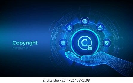 Copyright icon in wireframe hand. Patents and intellectual property protection law and rights. Protect business ideas and headhunter concepts. Vector illustration.