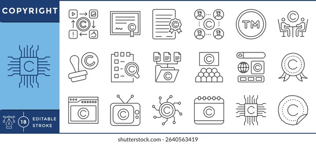 Copyright icons pack. 18 line icons. Vector editable stroke. Product, digital, items, documents, stamp.