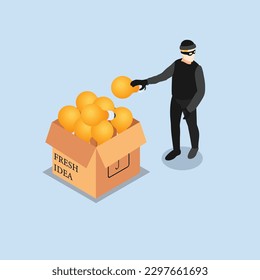 Copyright infringement concept - Thief stealing lightbulbs from a box isometric 3d vector illustration concept for banner, website, illustration, landing page, flyer, etc.