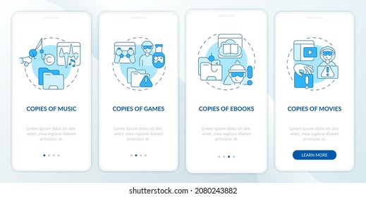 Copyright infringement onboarding mobile app page screen. Illegal copies of music walkthrough 4 steps graphic instructions with concepts. UI, UX, GUI vector template with linear color illustrations