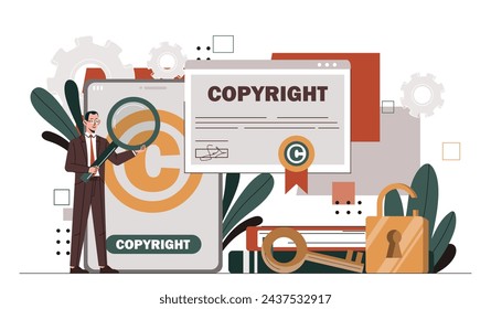 Copyright concepto de propiedad intelectual. Hombre con lupa cerca de artículos. Creatividad y arte. Autor talentoso y máquina de escribir. Ilustración plana del vector de la historieta aislada sobre fondo blanco