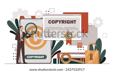 Copyright intellectual property concept. Man with magnifying glass near articles. Creativity and art. Taleted author and typewriter. Cartoon flat vector illustration isolated on white background