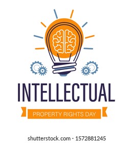 Copyright Or Intellectual Property Rights Day, Invention Protection And Idea Patent, Isolated Icon Vector. Human Brain And Light Bulb, Cogwheels Mechanism. Creative Product Security Awareness